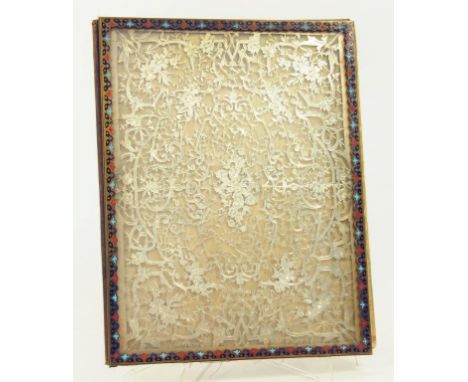 A VICTORIAN BLOTTING BOOK, WITH GLAZED SILVER FILIGREE COVER IN BRASS AND CHAMPLEVÉ ENAMEL FRAME