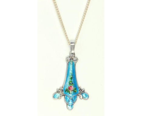 A CHARLES HORNER SILVER AND TRANSLUCENT ENAMEL PENDANT PAINTED WITH A ROSE, CHESTER 1901 ON A SILVER NECKLET 