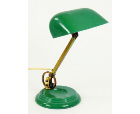 A WEDGWOOD GREEN GLAZED EARTHENWARE AND BRASS DESK LAMP WITH PATENT SHADE