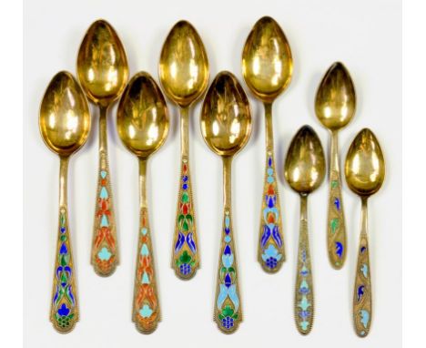 SIX SIMILAR SOVIET RUSSIAN SILVER GILT AND CLOISONNÉ ENAMEL TEASPOONS AND THREE SIMILAR COFFEE SPOONS, 6OZS 