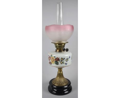 A Late Victorian/Edwardian Brass Based Oil Lamp with Floral Opaque Glass Reservoir and Cranberry Edged Acid Etched Shade, 58c