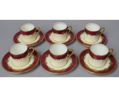 A Set of Six Red and Gilt Decorated Aynsley Coffee Cans and Saucers, Pattern No 8013 