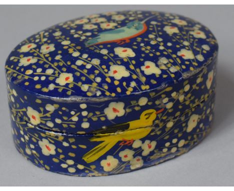 A 20th Century Indian Oval Papier Mache Trinket Box Decorated with Kingfisher, Birds and Flowers, 9cm Long 