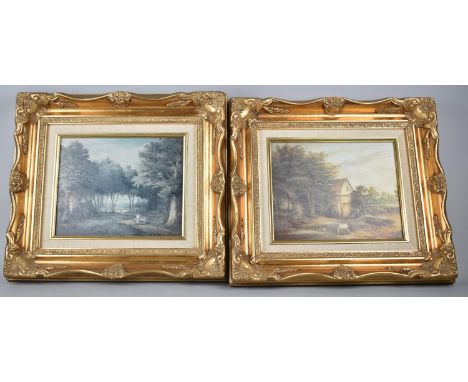 A Pair of Modern Textured Prints in Gilt Frames, Watermill and Wooded Lane, Each 24x19cm 