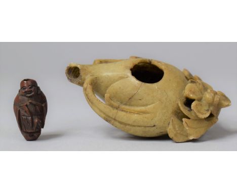 A Chinese Soapstone Water Dropper Together with a Japanese Carved Netsuke in the Form of a Robed Elder 