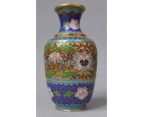 A Late 20th Century Oriental Cloisonné Enamel Vase on Blue Ground, 19cm high 