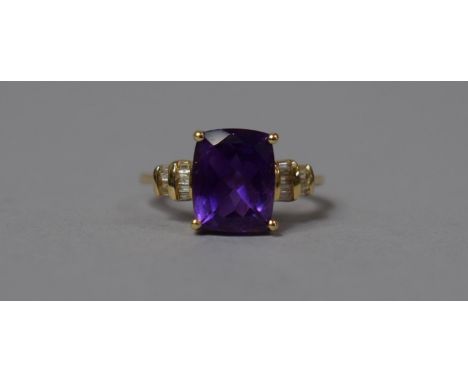A 9ct Gold Cushion Cut Amethyst and Diamond Ring, Size L 