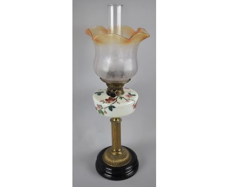 A Late Victorian/Edwardian Brass Column Based Oil Lamp with Duplex Controls, Painted Opaque Glass Reservoir and Acid Etched S