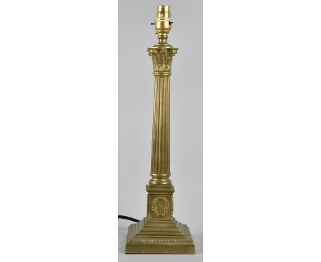 A Late 20th Century Brass Corinthian Column Table Lamp on Square Stepped Base, 44cm high 