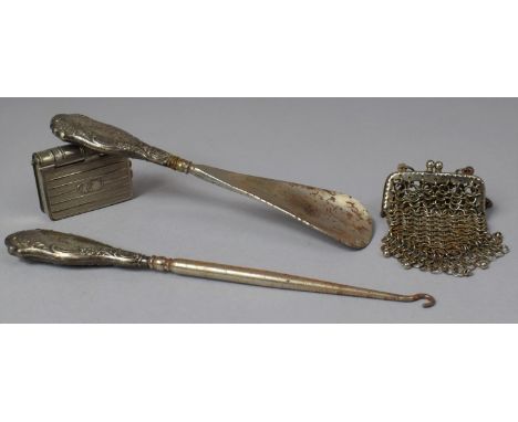 A Matching Silver Handled Button Hook and Shoe Horn Together with a Silver Plated Miniature Chainmail Purse and a Novelty Ves