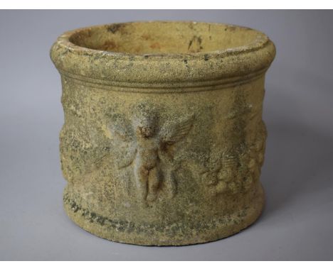 A Reconstituted Stone Planter with Moulded Cherub and Grape Decoration, 32cm Diameter and 26cm high 