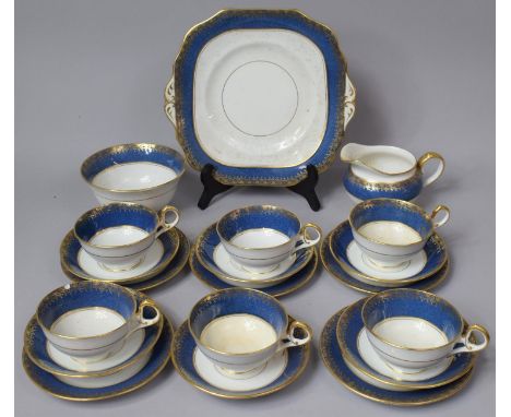 An Old Royal China Gilt and Blue Decorated Tea Set to Comprise Six Cups, Six Saucers, Five Side Plates, Cake Plate, Milk Jug 