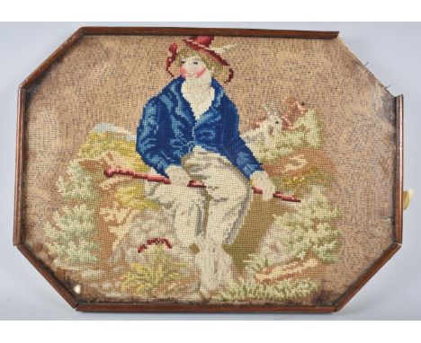 A Framed 19th Century Tapestry Depicting Seated Shepherd with Staff, 37x27cm, Frame AF 