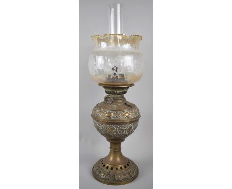 A Late Victorian Brass Oil Lamp with Acid Etched Shade, 56cm high 