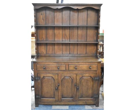 A Mid 20th Century Oak Kitchen Dresser with Two Short Drawers Over Panelled Cupboard Base, Raised Two Shelf Plate Rack, 122cm