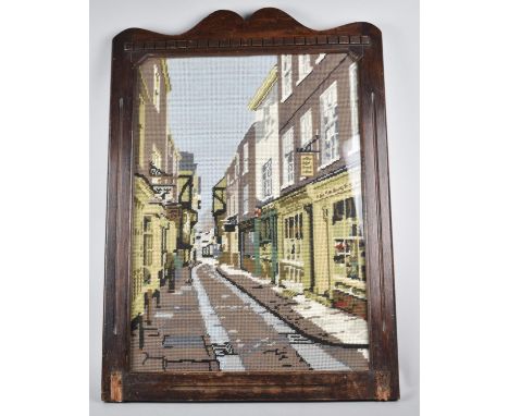 A Fire Screen Panel with Tapestry Inset Depicting Town Shopping Street, 52x38cm 