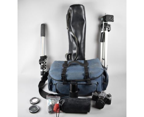 A Camera Monopod, Tripod, Olympus OM10 35mm Camera and Bag with Accessories, Telephoto Lens etc 