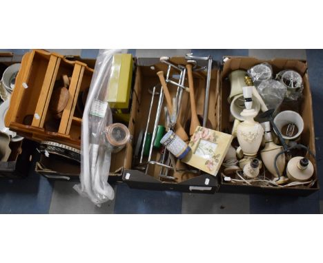 Three Boxes Containing Table Lamps, Lamp Shades, Parasol, Exercise Clubs, Tambourine, Spice Shelf etc 