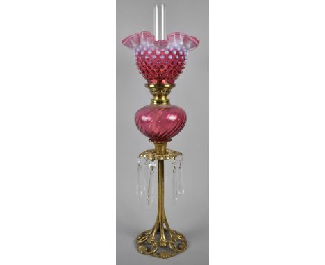 A French Gaudard Art Nouveau Style Brass Oil Lamp with Cranberry Glass Reservoir and Dimpled Cranberry Vaseline Shade, Overal