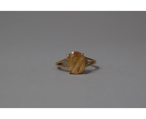 A 9ct Gold and Golden Rutilated Quartz Stone and Diamond Chip Dress Ring, Size O 