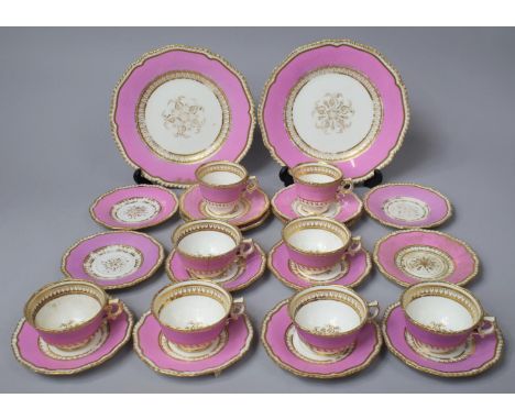A Late 19th Century Gilt and Pink Decorated to Comprise Fourteen Saucers, Two Cake Plates, Six Cups and Two Smaller Examples 