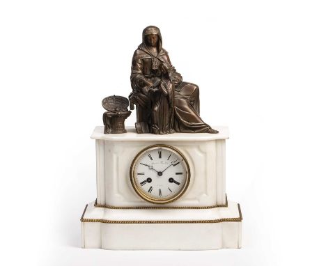 A 19th Century French white marble mantel clock with white enamel Roman dial, signed 'Gorini, Paris', japy drum movement with