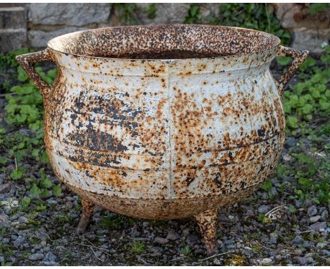 A cauldron-shaped cast iron planter pot with two handles 60cm wide x 47cm deep x 41cm highUsed condition, weathered and oxidi