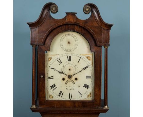 A 19th century mahogany eight-day longcase clock, with swan neck cresting and painted dial with strike silent indicator, subs