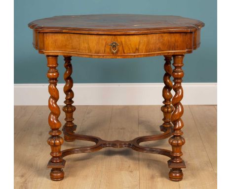 A 17th century-style walnut-shaped centre table, the shaped circular top inset with burr yew-wood panel, two frieze drawers, 