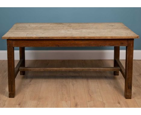 An antique light oak kitchen table 158cm wide x 80cm deep x 78cm highOne stretcher loose. The top panels parting.