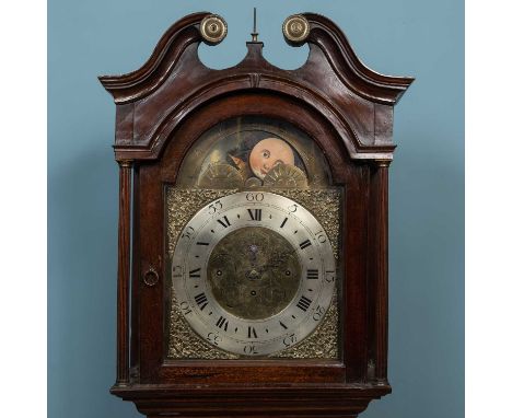 A 19th century mahogany longcase clock, the case with swan neck pediment, the dial with silvered chapter ring, moon phase and