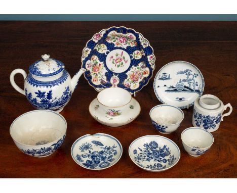 A group of 18th century Worcester and other porcelain to include a small plate decorated with blue scale ground ornament and 