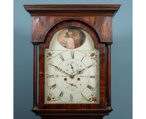 An early 19th century mahogany eight-day longcase clock, the painted arching dial decorated with a cartouche of a small girl 