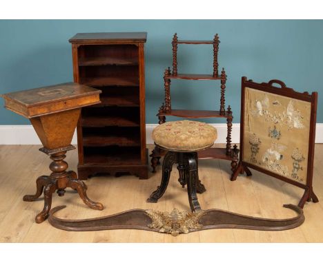 A small group of furniture consisting of a 19th century walnut work table with Tunbridge ware inset panel; a Victorian ebonis