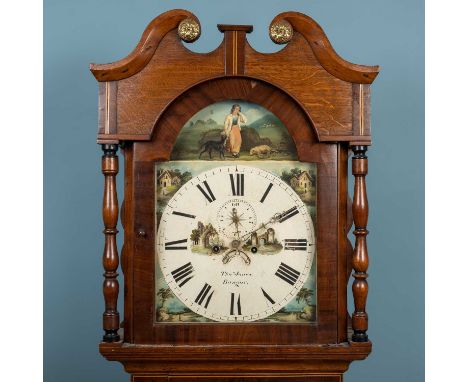 A North Country oak and mahogany cased eight-day longcase clock, with swan neck pediment and painted dial signed 'Thomas Jone