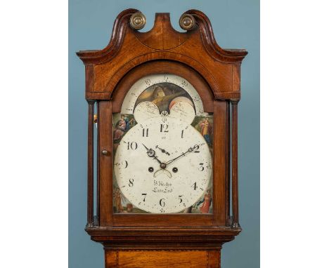 A 19th century oak eight-day longcase clock, with a painted arching dial with moon phase and with subsidiary second hand and 