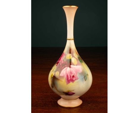 A Royal Worcester vase of slender baluster form painted with rose sprays, variously numbered to base12cm highGood condition.