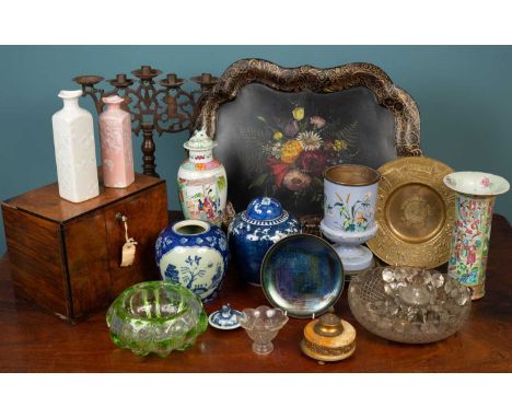 A Victorian walnut tabletop humidor cabinet; an ormolu mounted cylindrical hardstone inkwell; two Chinese vases; a bronze can