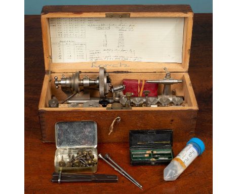 A Lorch watchmakers lathe, the bed 24cm long, complete with various collets, steadies, other fittings, and with further tools