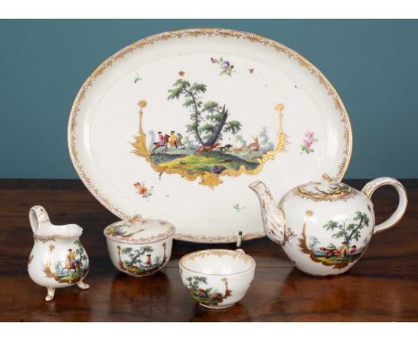 A Meissen porcelain solitaire tea set decorated with scenes of hunting consisting of a tray, 27cm wide; sugar bowl and cover;