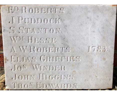 A Georgian carved marble panel, with a list of names and the date '1783', grey veined marble39.7cm wide x 39.5cm highMinor ma