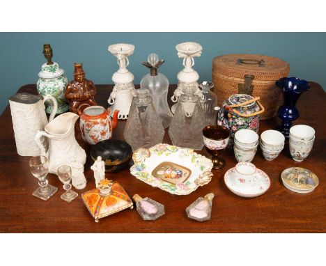 A collection of ceramics and glassware to include; a pair of Victorian bisque fired porcelain vases; a pair of Lalique-style 