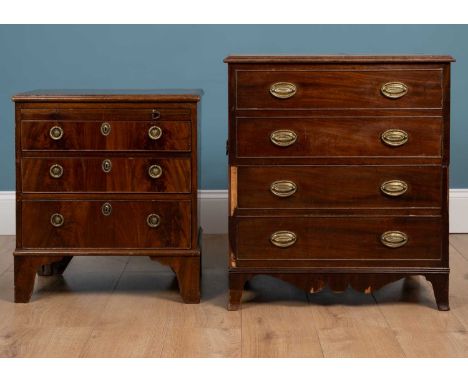 A small reproduction chest of three long drawers with a brushing slide and bracket feet, 54cm wide x 38cm deep x 60cm high to