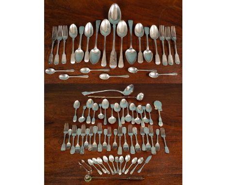 A quantity of Georgian and later silver fiddle pattern cutlery; together with further silver cutlery approximately 1078g in w