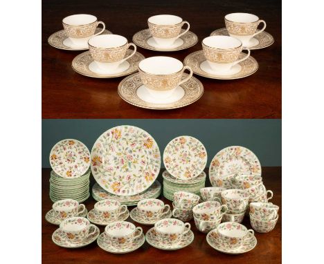 A Minton Haddon Hall china tea service set, comprising of sixteen serving plates, twenty-two tea plates, twenty-five teacups,