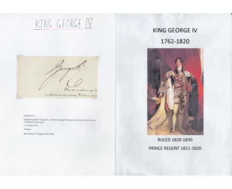 King George IV signed vintage 6x3 page original signature George R cut from the upper left corner of a Royal Warrant to raise