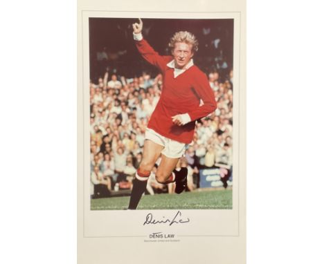 Denis Law signed 20x12 Manchester United and Scotland colour print. Good condition. All autographs come with a Certificate of