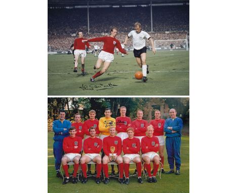 Autographed Jack Charlton 1966 12 X 8 Photo - Col, Depicting The England Centre-Half In A Race For The Ball With West Germany