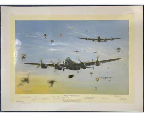 WW2 11 Dambusters signed David Bryant colour Print Titled Tallboy: Bombing Of The Beast. Signed in Pencil by John Langston, J