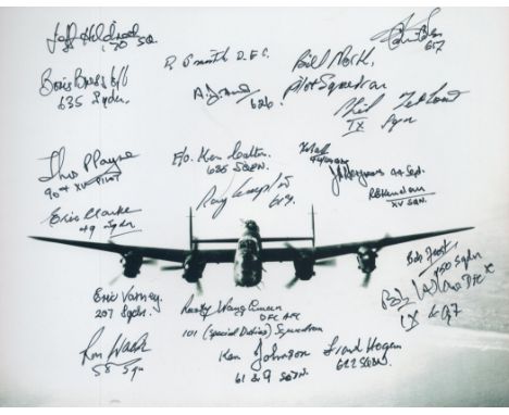 WW2 Twenty Bomber veterans signed 10 x 8 inch Lancaster in flight photo. Includes Colin Cole 617 sqn, R Smith DFC, Jeff Hildr